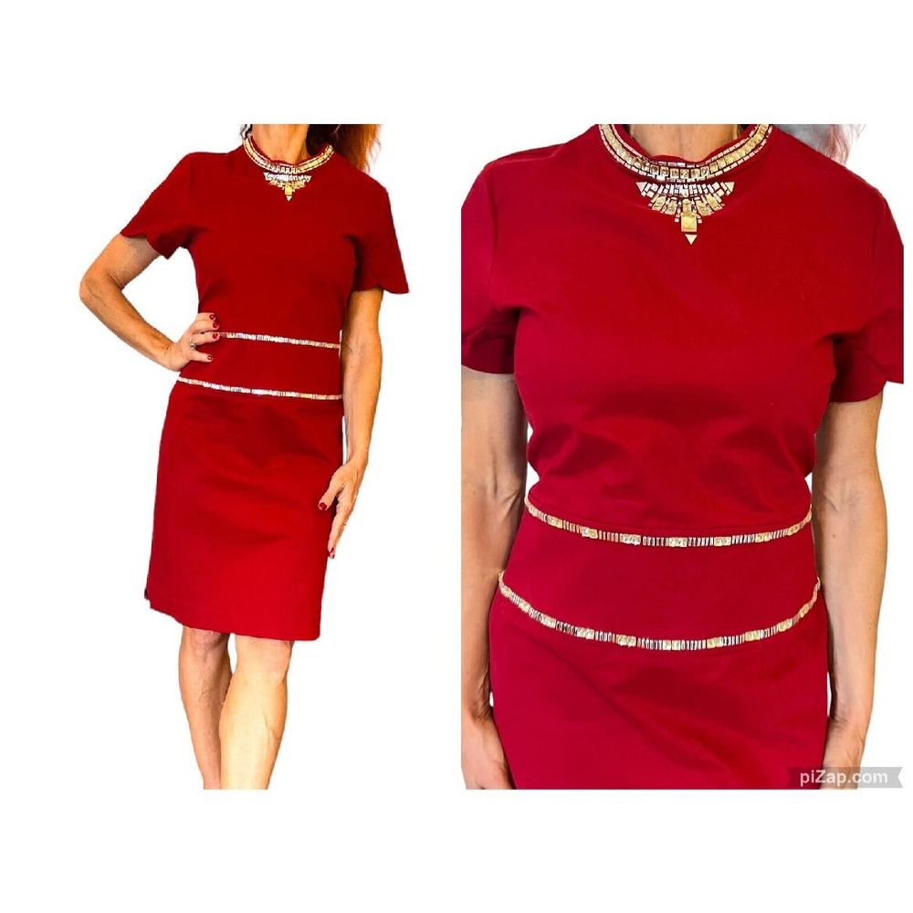 VINTAGE LOVE MOSCHINO RHINESTONE SHORT SLEEVE RED SECRETARY A LINE DRESS 10